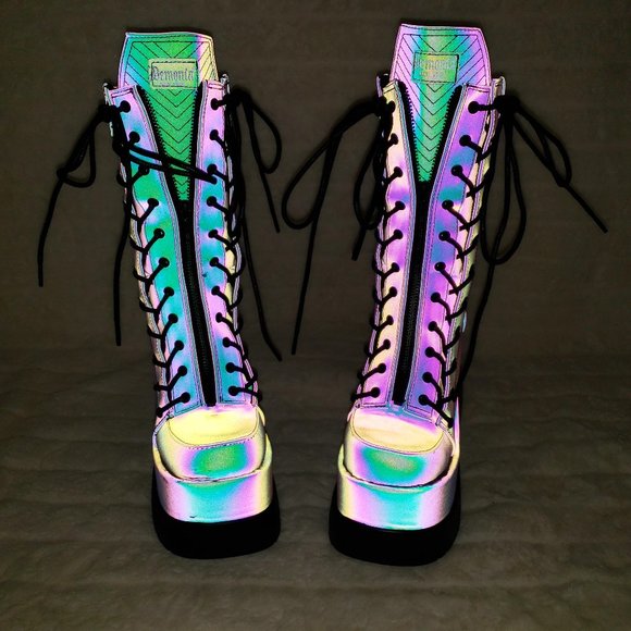 Void Purple Green Reflective Platform Wedge Mid Calf Goth Festival Boots NEW - Picture 5 of 17